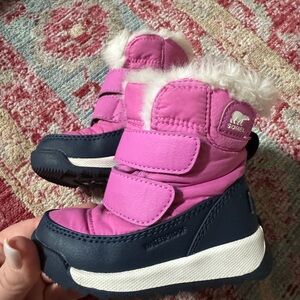 Sorel Kids Pink and Navy Waterproof Snow Boots with Faux Fur Cuff